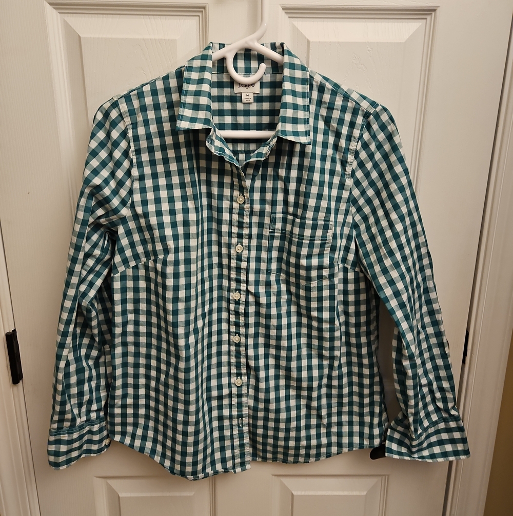 J. Crew Green and White Gingham Button-Up Shirt